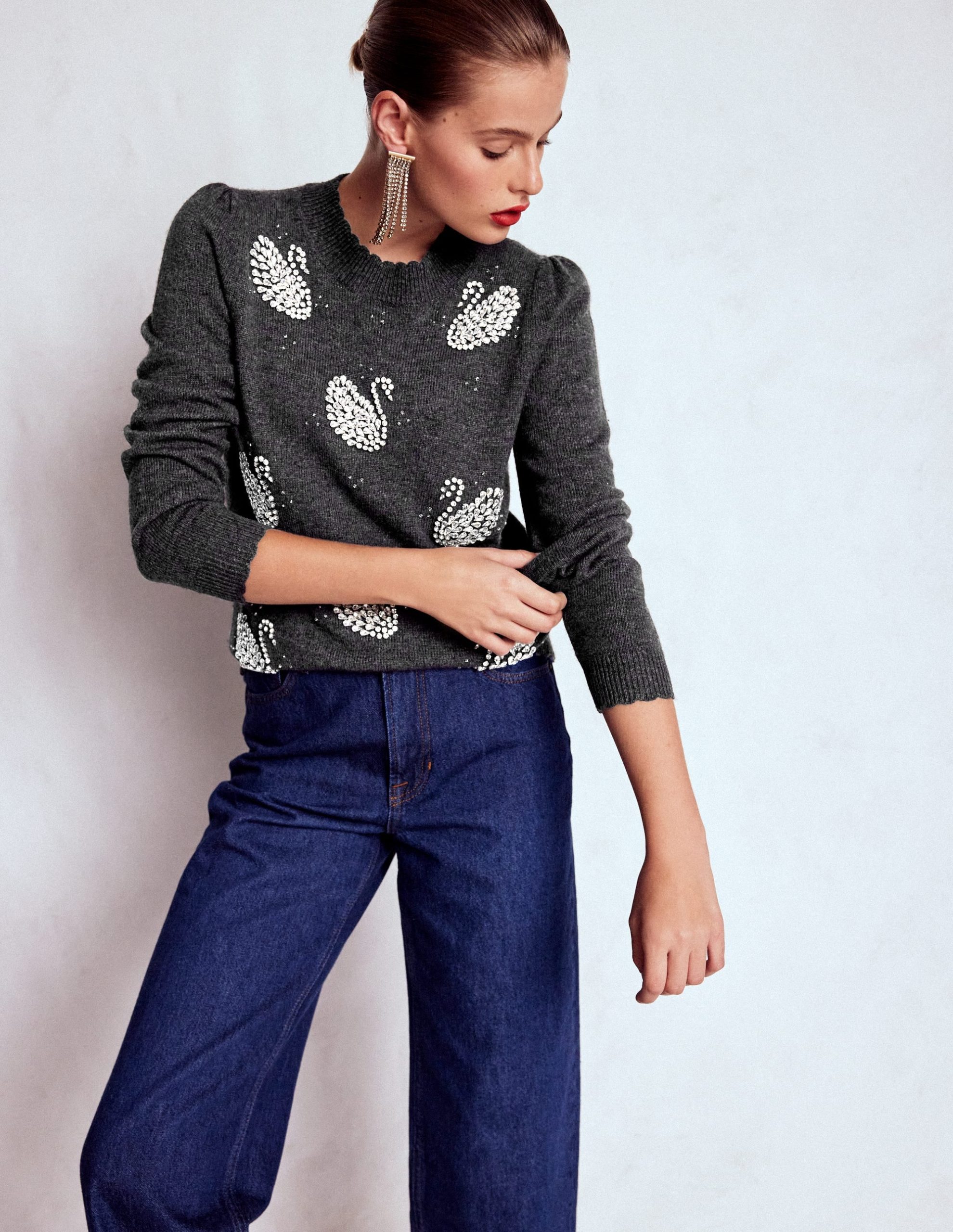 Elizabeth Embellished Sweater-Charcoal Melange Swans - Image 5
