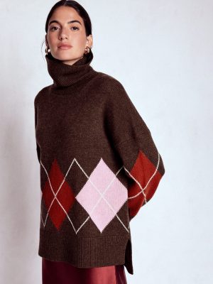 Polly Merino Roll Neck Sweater-Brown. Pink Argyle