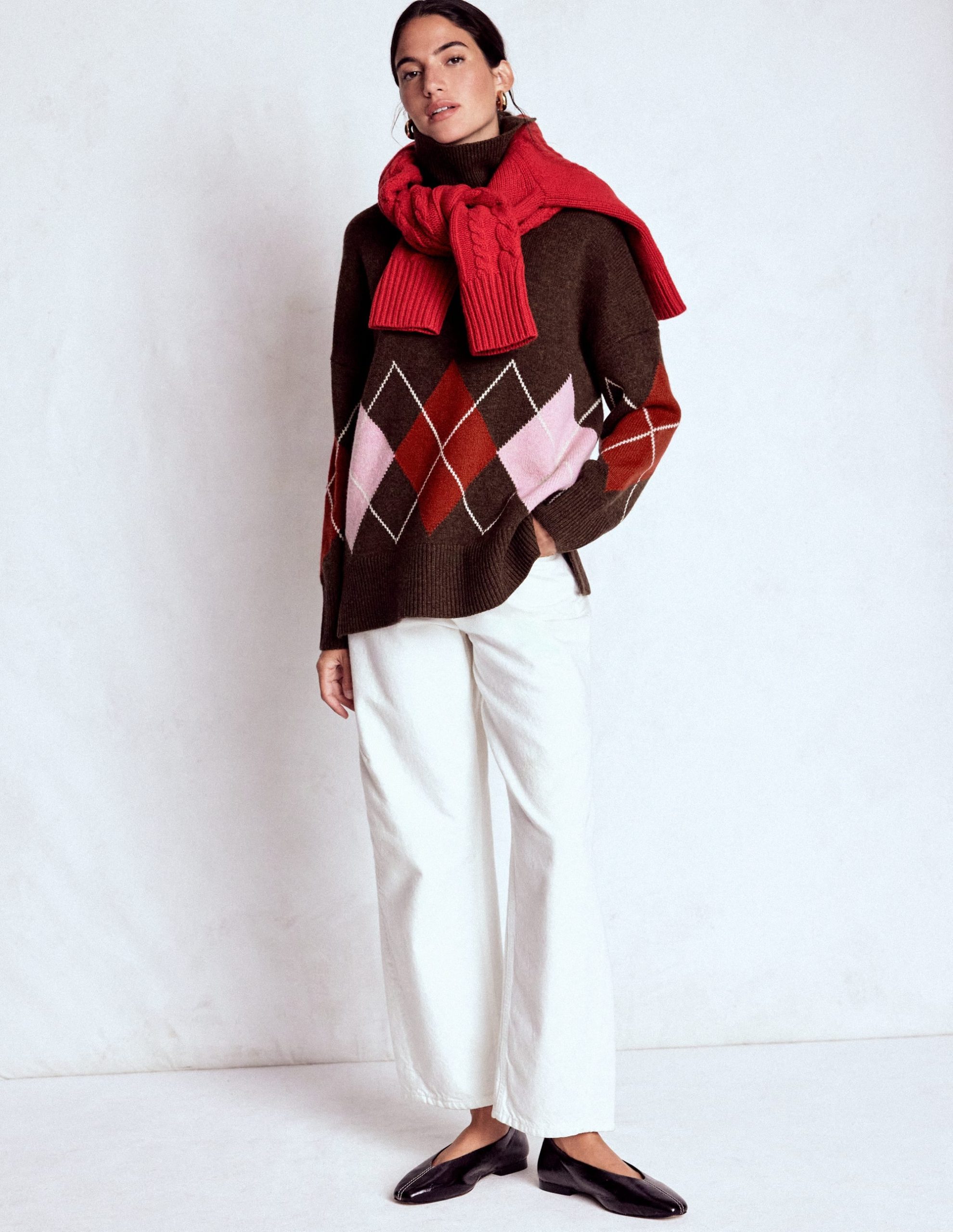 Polly Merino Roll Neck Sweater-Brown. Pink Argyle - Image 6