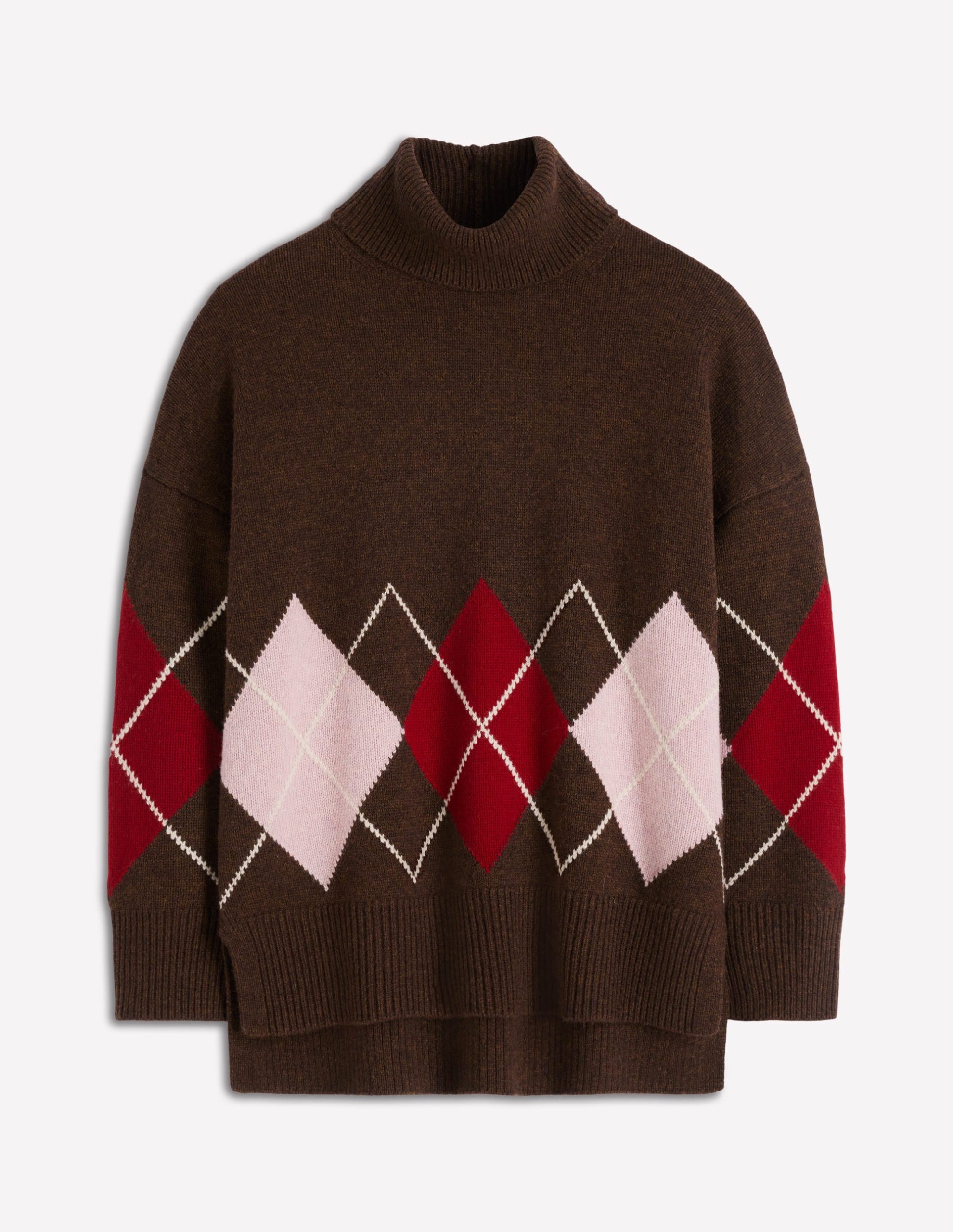 Polly Merino Roll Neck Sweater-Brown. Pink Argyle - Image 7