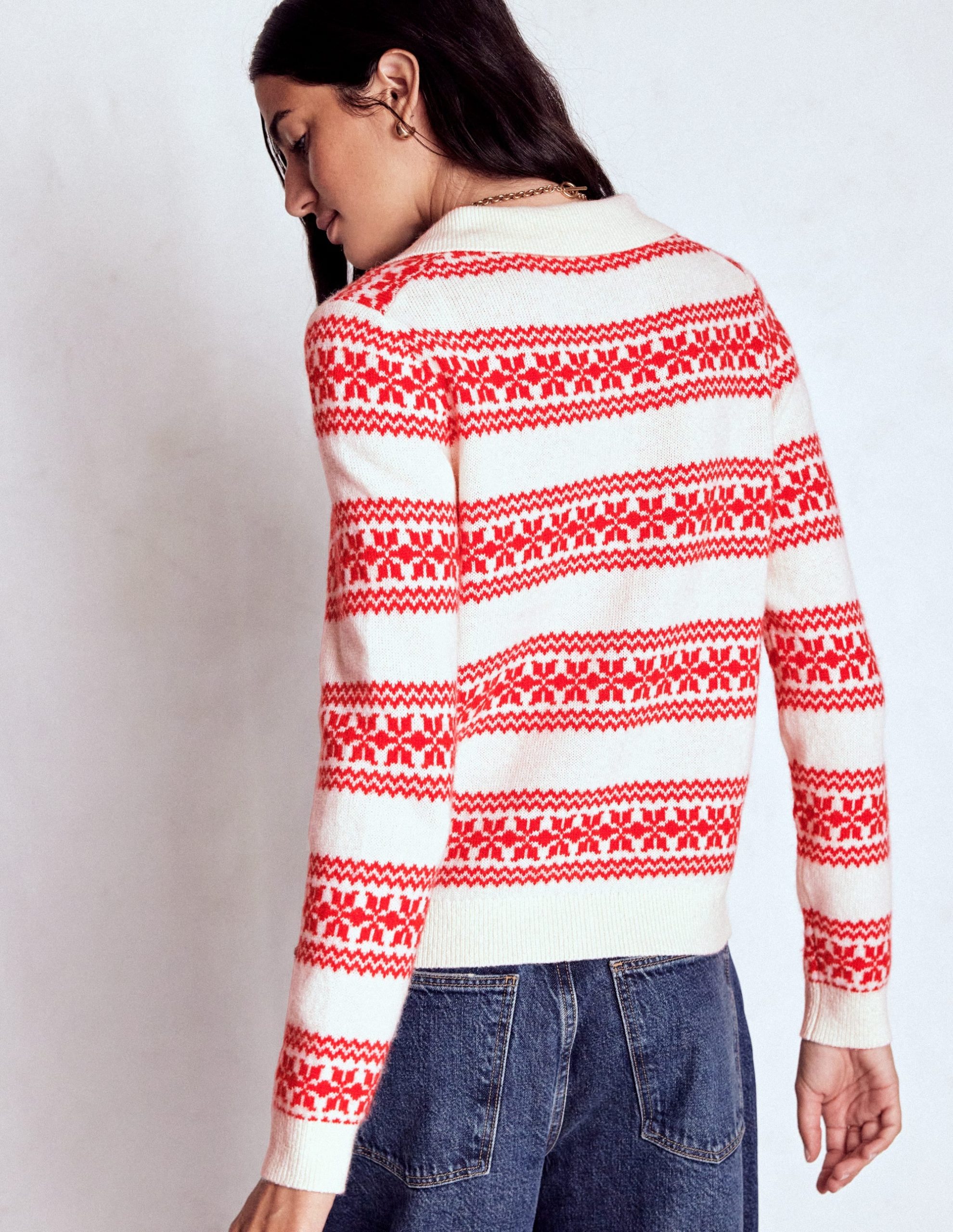 Edie Fair Isle Knitted Shirt-Warm Ivory. Red Fair Isle - Image 4