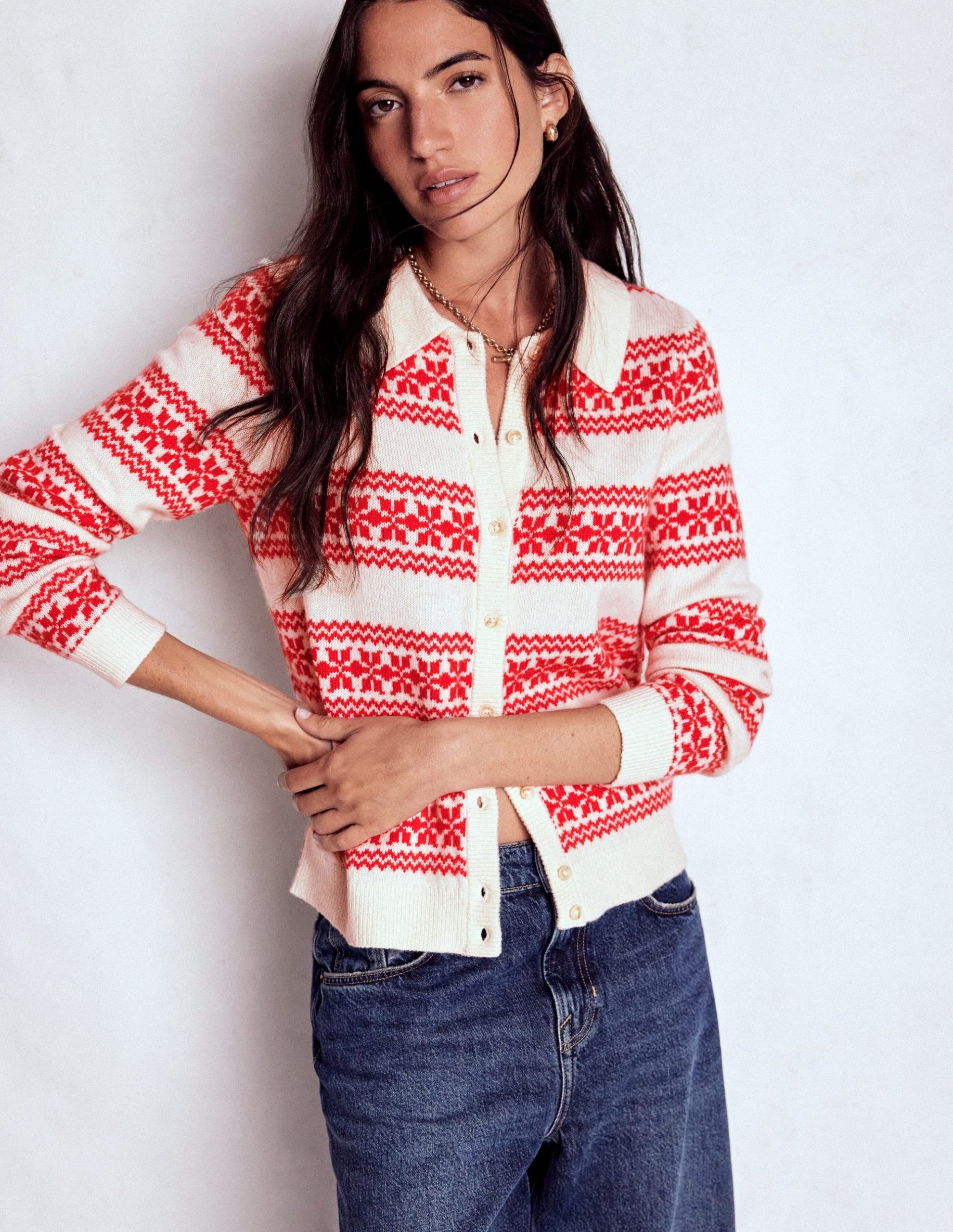 Edie Fair Isle Knitted Shirt-Warm Ivory. Red Fair Isle - Image 5