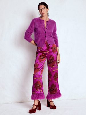 Faux Feather Trim Trousers-Hollyhock Peony Bloom