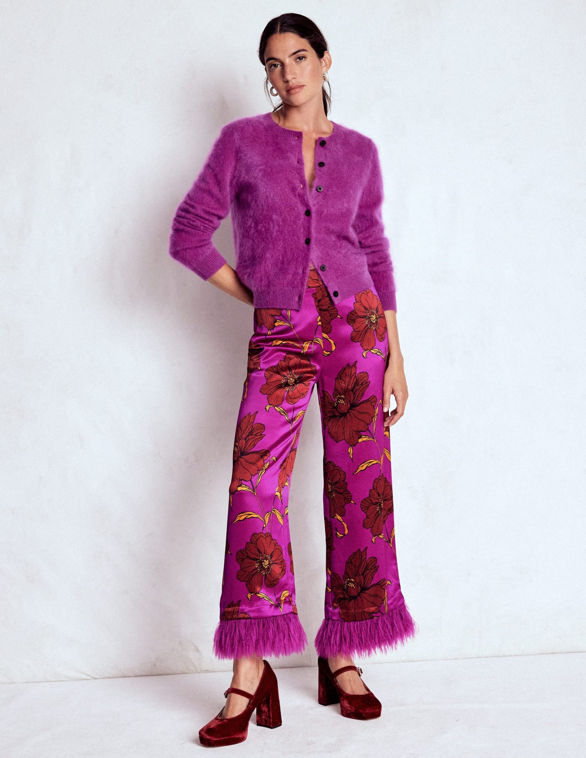 Faux Feather Trim Trousers-Hollyhock Peony Bloom