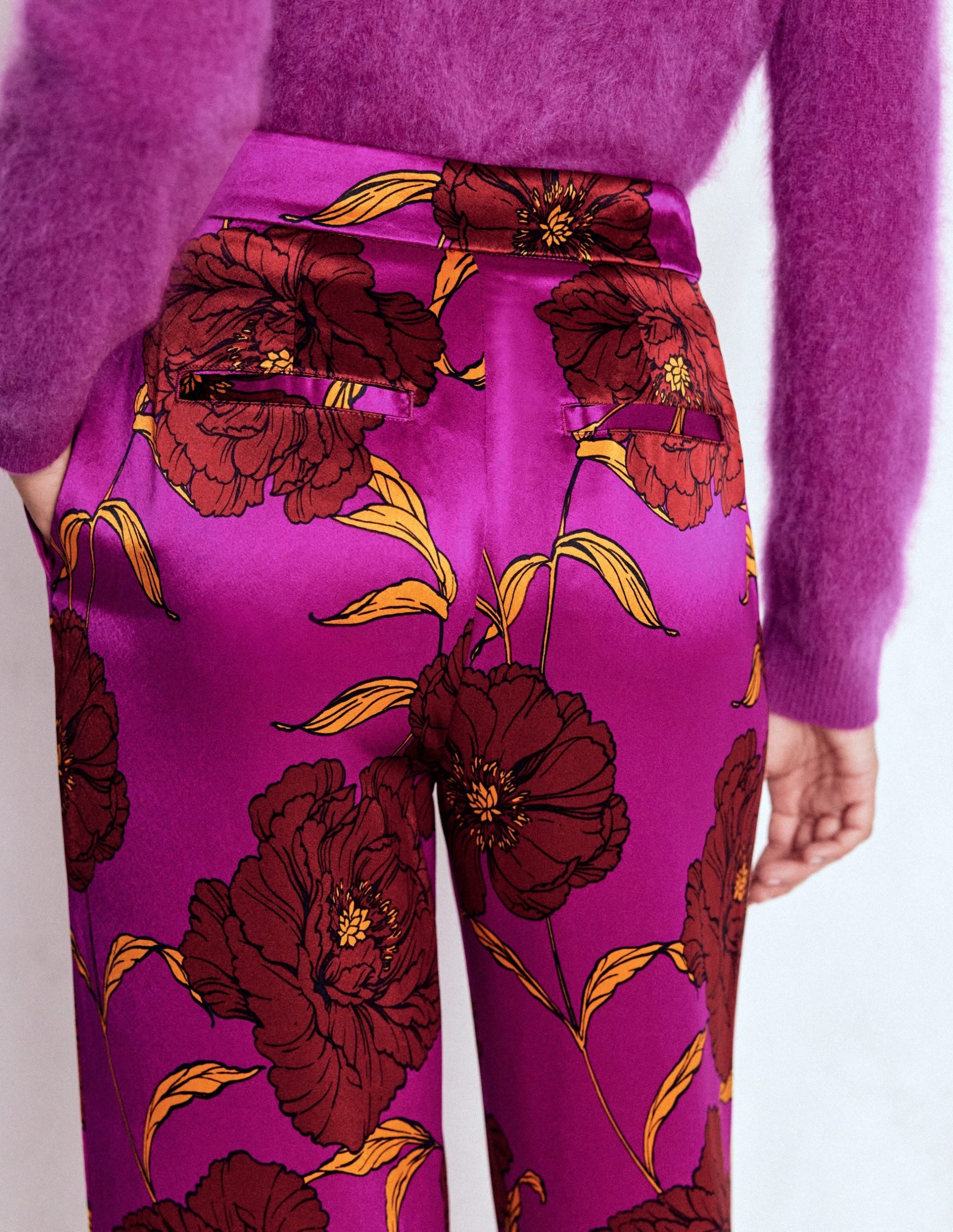 Faux Feather Trim Trousers-Hollyhock Peony Bloom - Image 2