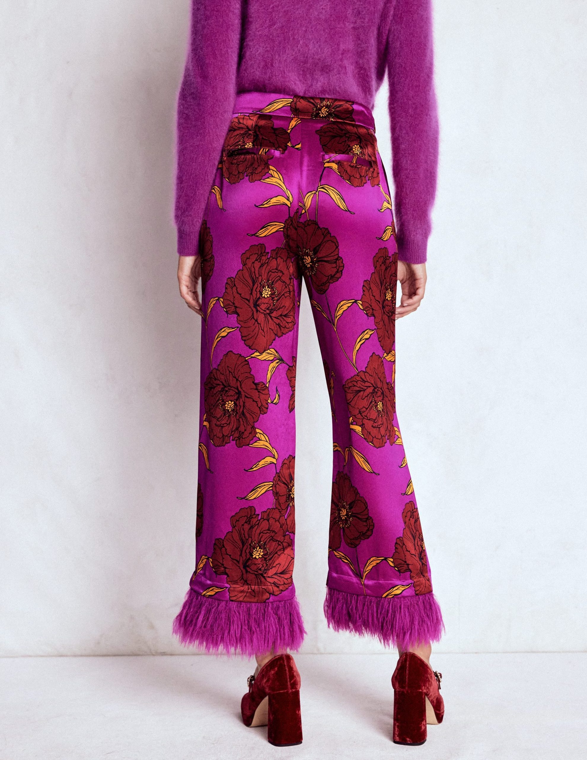 Faux Feather Trim Trousers-Hollyhock Peony Bloom - Image 3