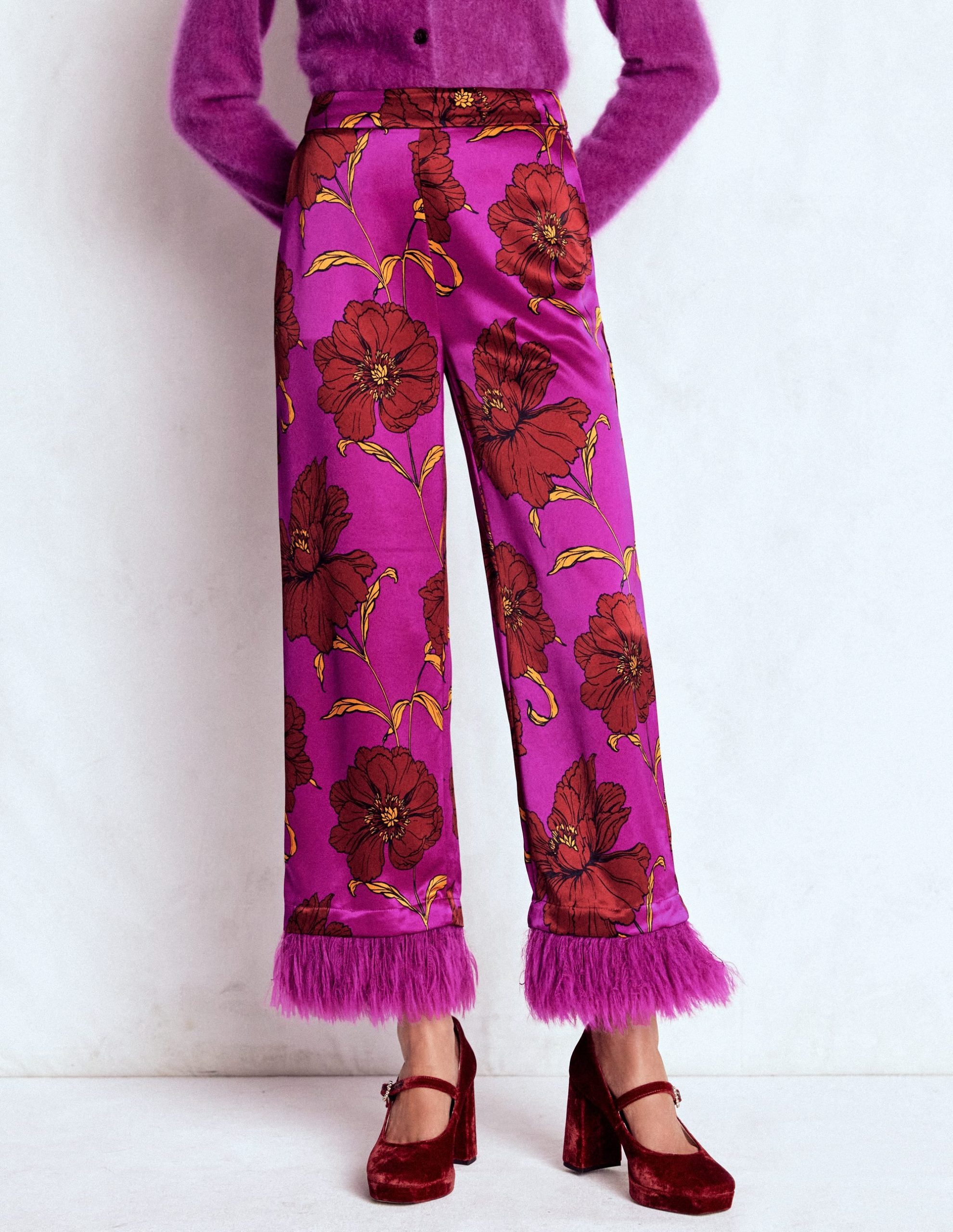 Faux Feather Trim Trousers-Hollyhock Peony Bloom - Image 4