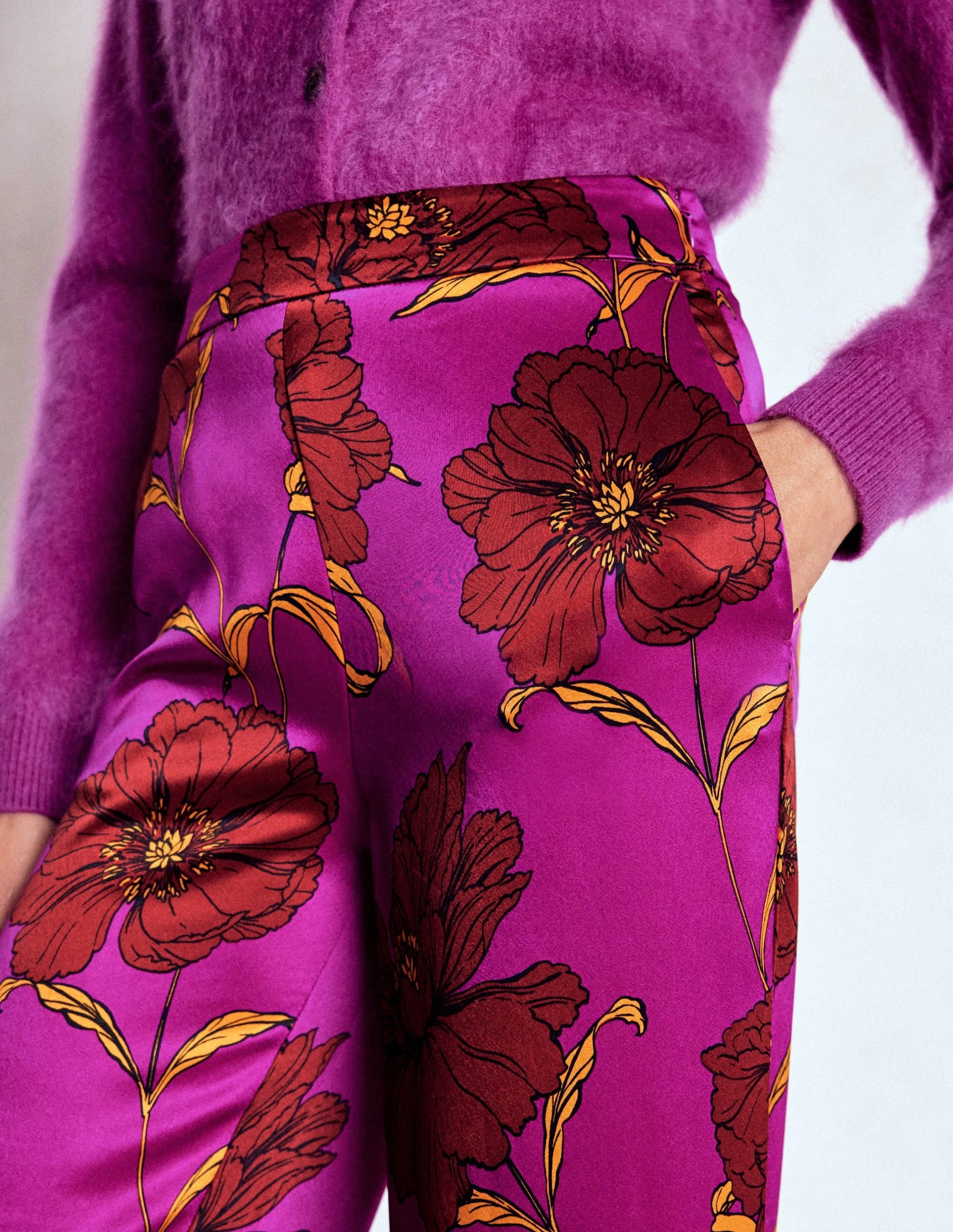 Faux Feather Trim Trousers-Hollyhock Peony Bloom - Image 5