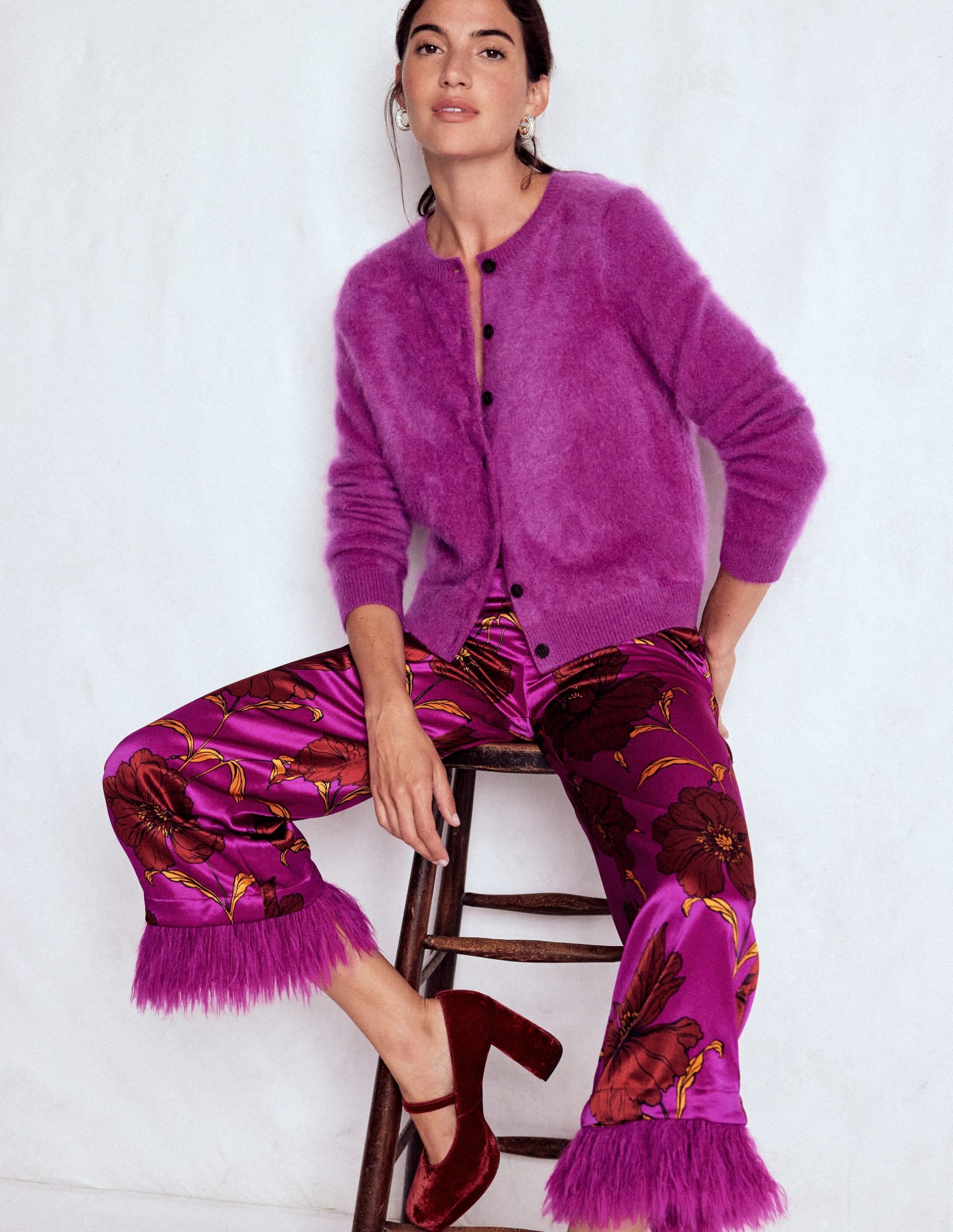 Faux Feather Trim Trousers-Hollyhock Peony Bloom - Image 6