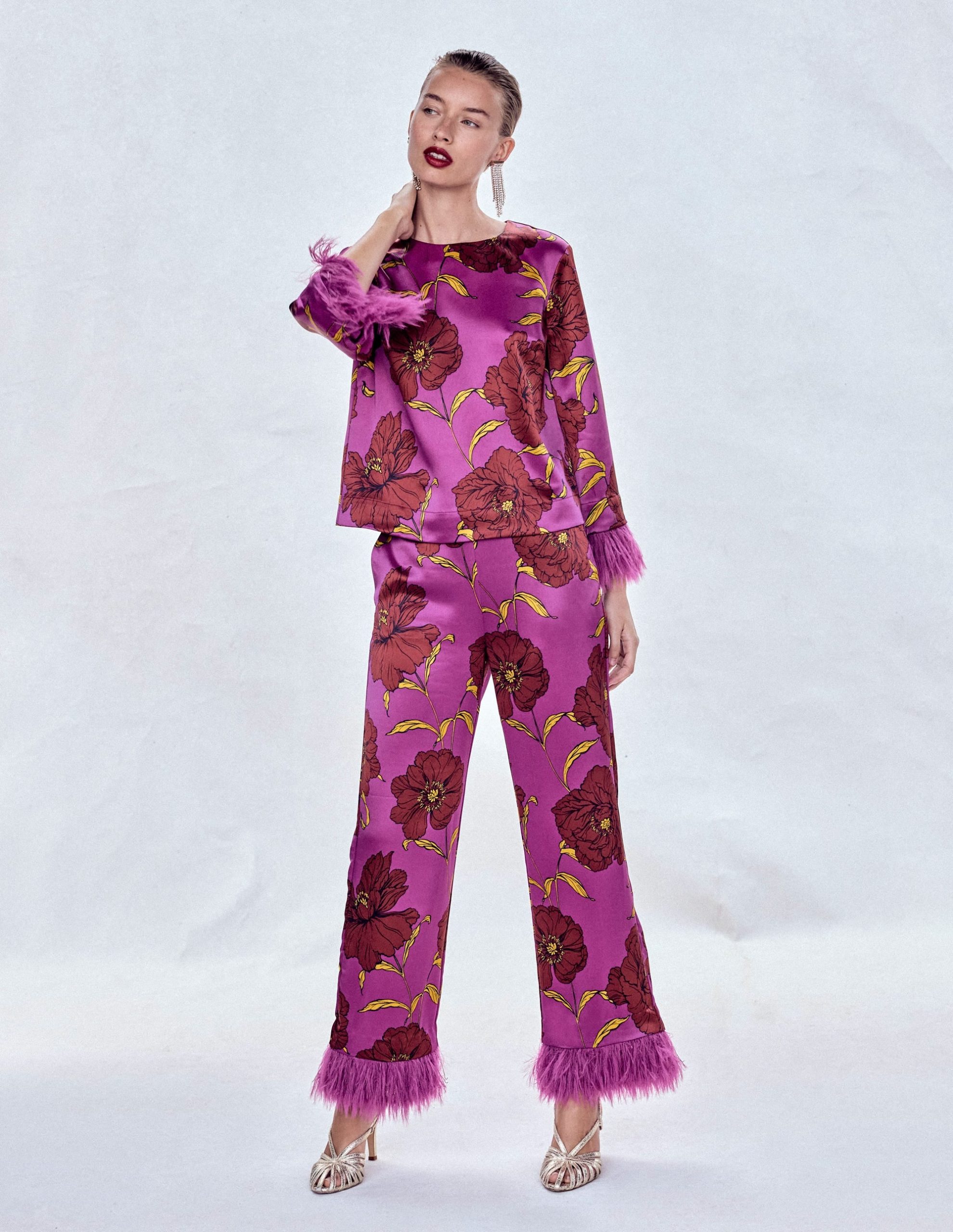 Faux Feather Trim Trousers-Hollyhock Peony Bloom - Image 7