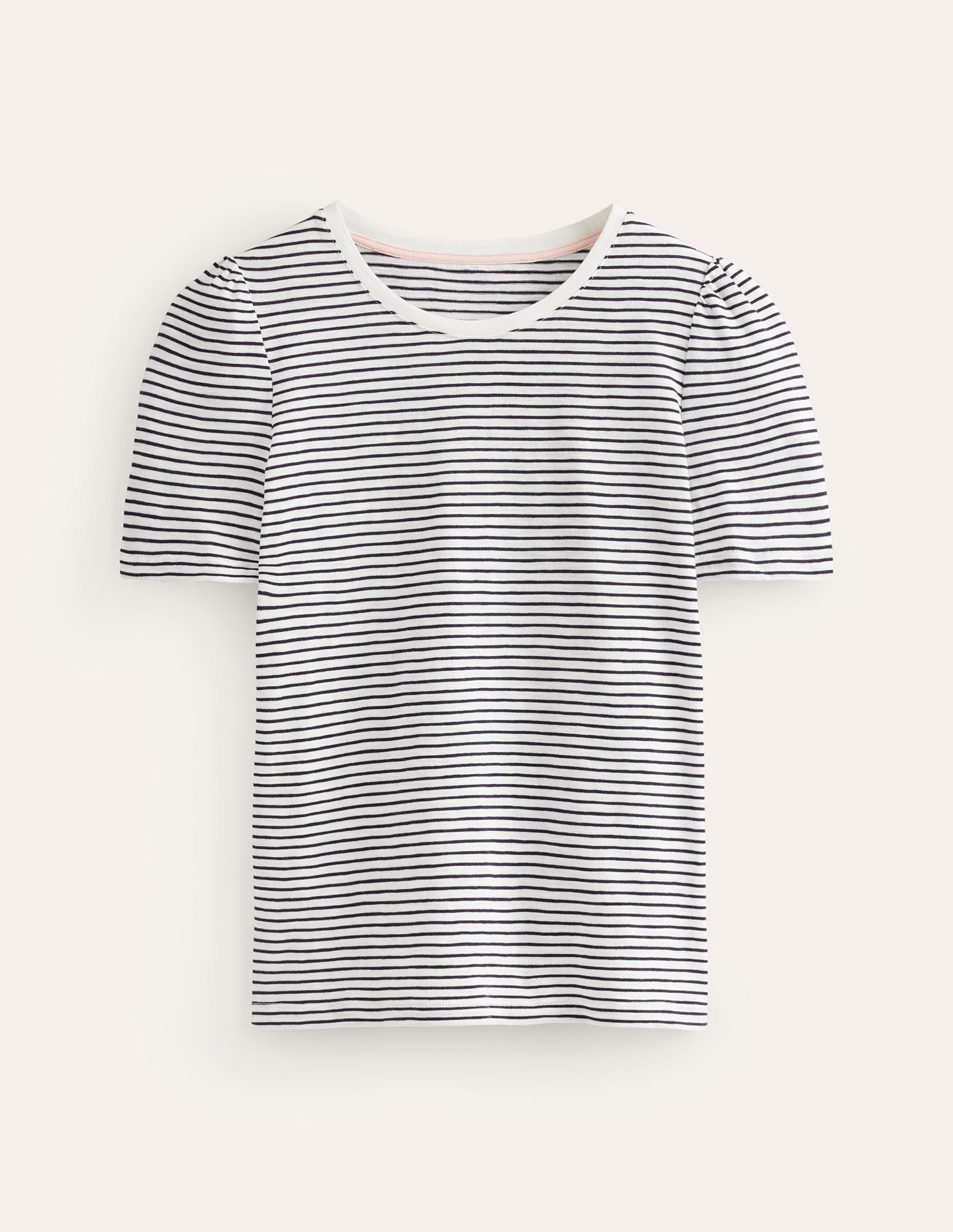 Cotton Puff Sleeve T-Shirt-Ivory. Navy Stripe - Image 6