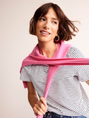 Cotton Puff Sleeve T-Shirt-Ivory. Navy Stripe