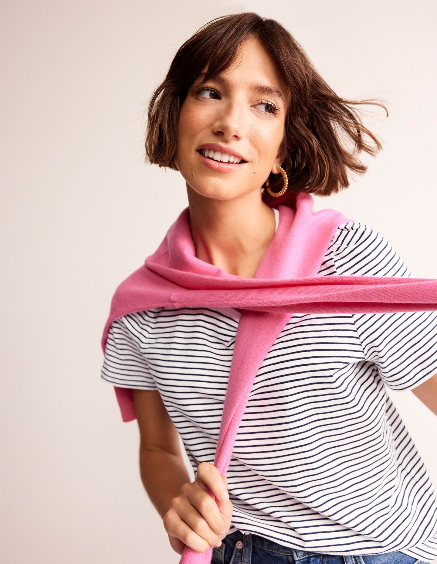 Cotton Puff Sleeve T-Shirt-Ivory. Navy Stripe