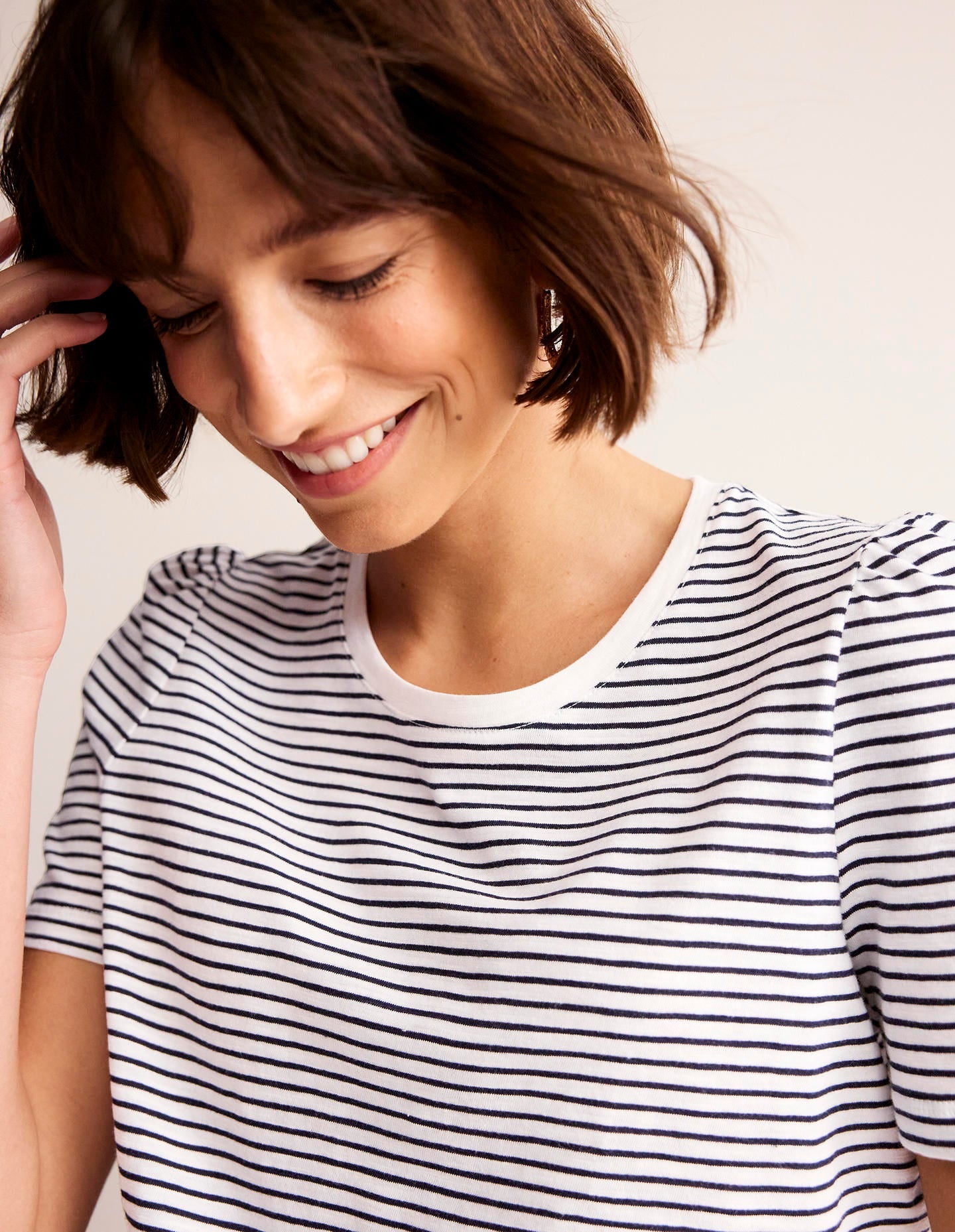 Cotton Puff Sleeve T-Shirt-Ivory. Navy Stripe - Image 2