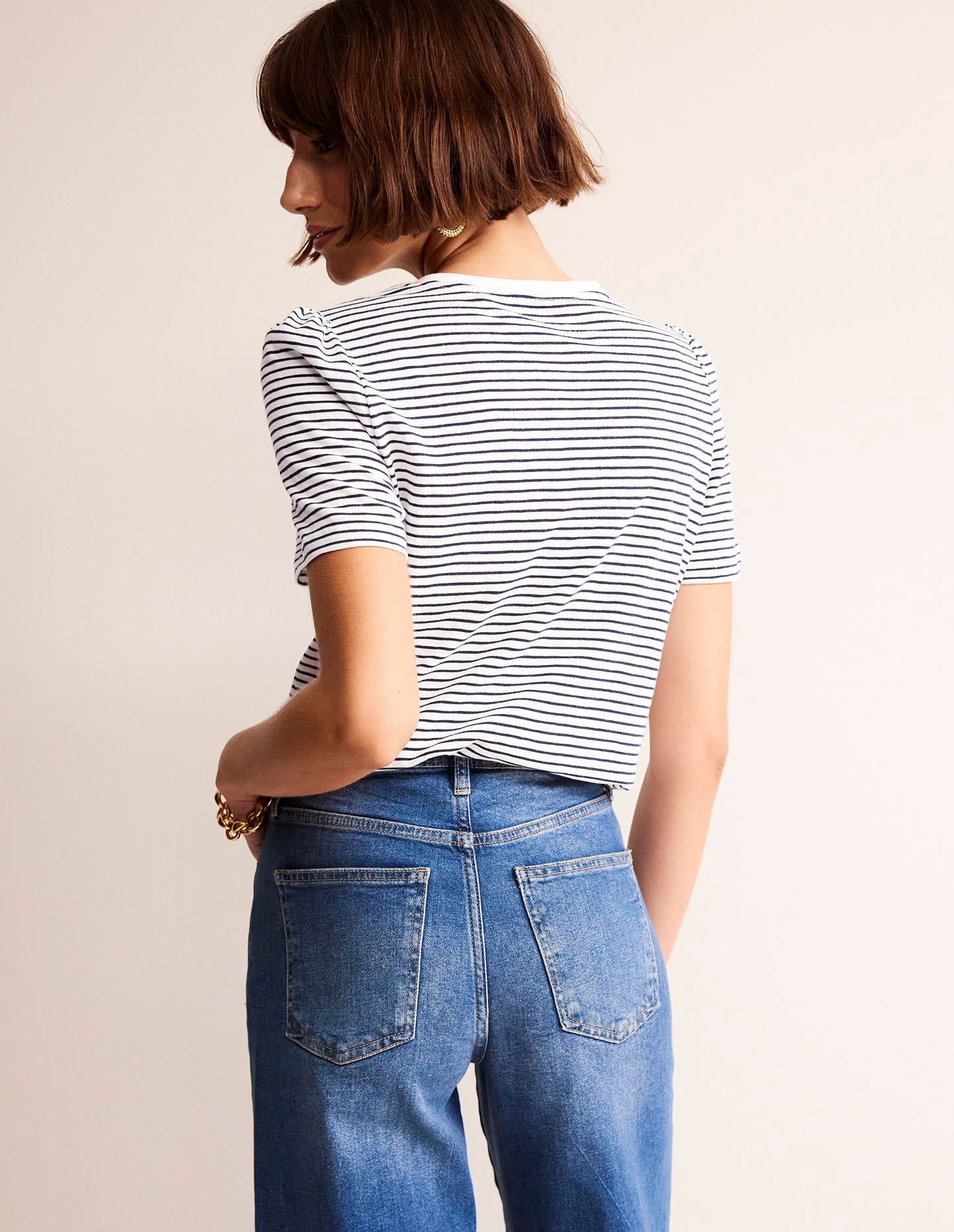 Cotton Puff Sleeve T-Shirt-Ivory. Navy Stripe - Image 3