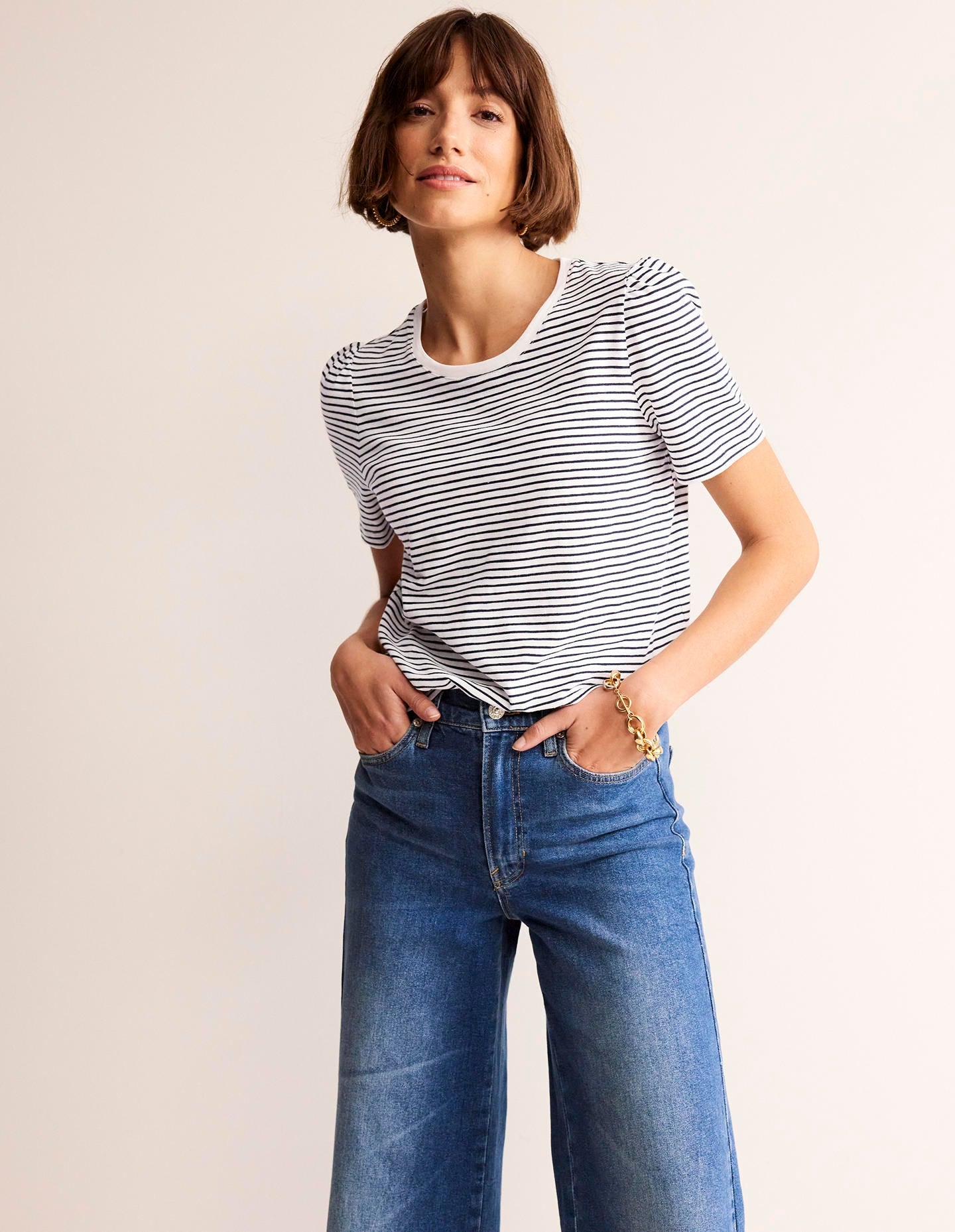 Cotton Puff Sleeve T-Shirt-Ivory. Navy Stripe - Image 4