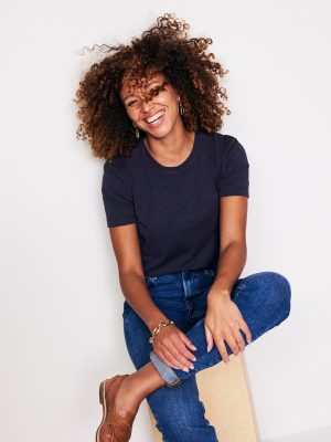 Cotton Puff Sleeve T-Shirt-Navy