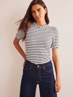 Supersoft Frill Detail T-shirt-Ivory. Navy Stripe