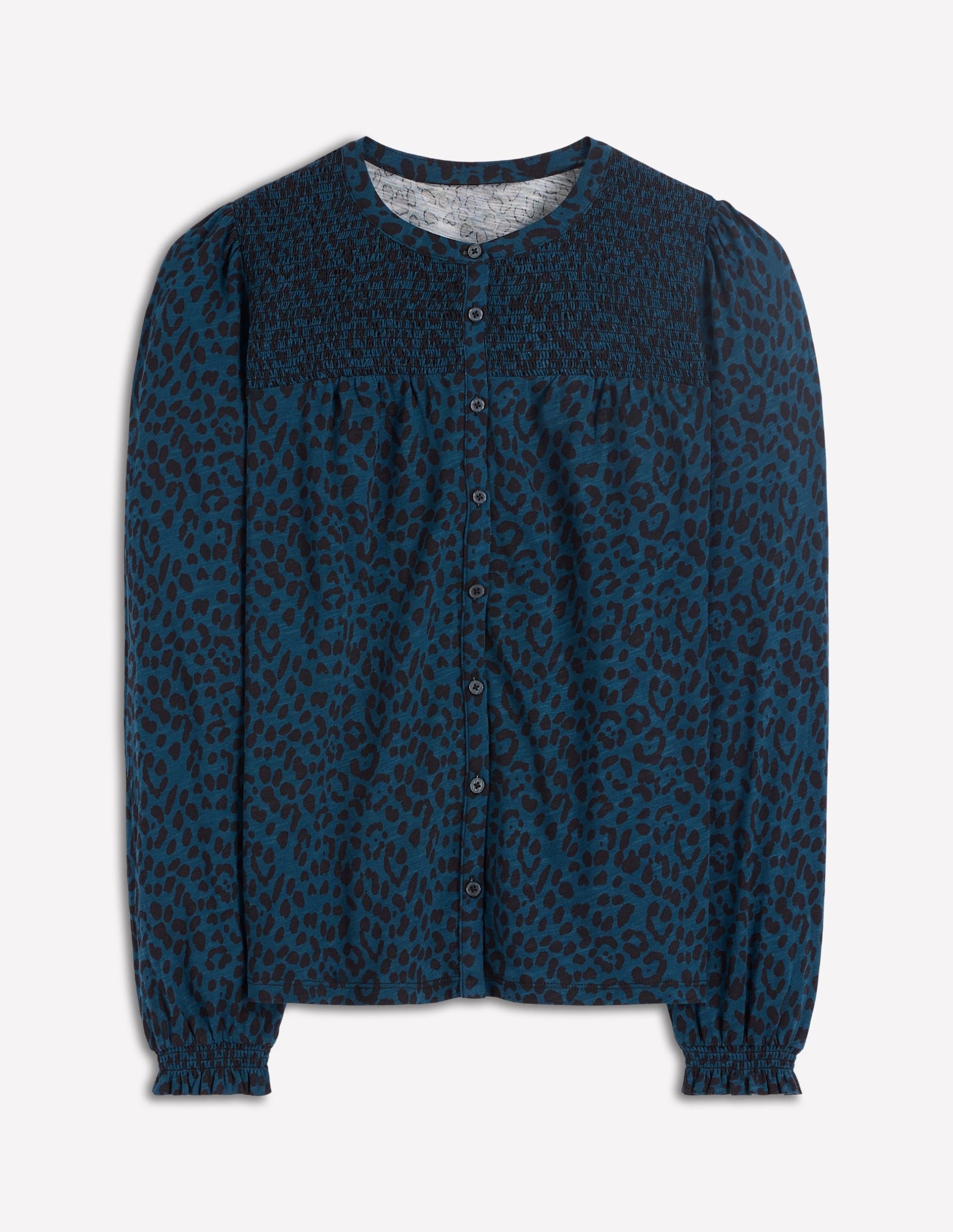 Elsa Smocked Yoke Jersey Shirt-Teal Leopard - Image 6