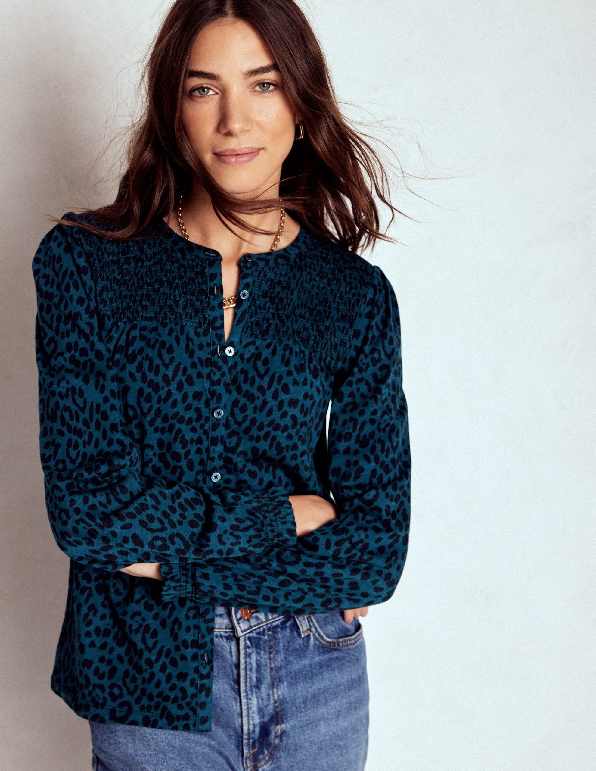 Elsa Smocked Yoke Jersey Shirt-Teal Leopard - Image 2