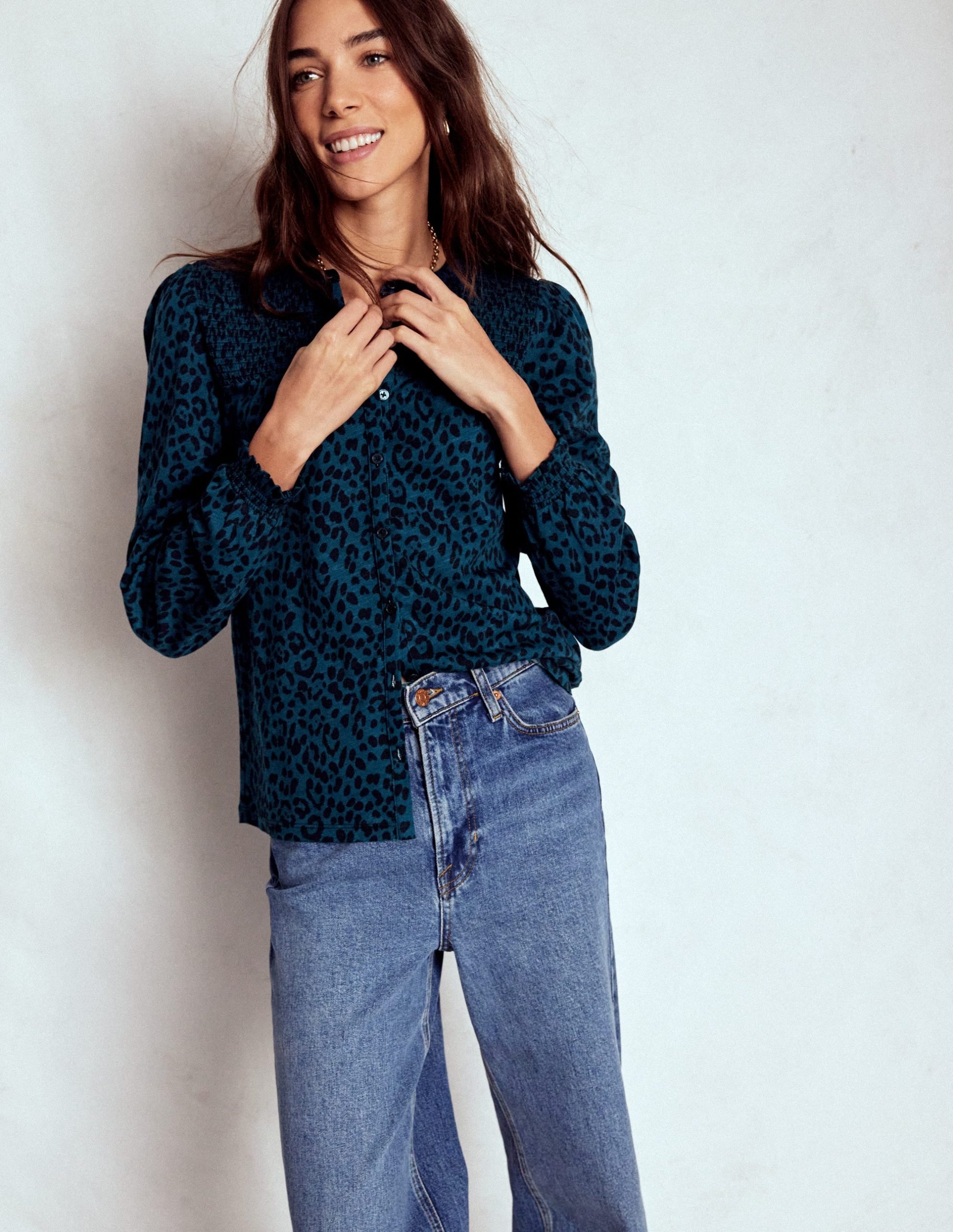 Elsa Smocked Yoke Jersey Shirt-Teal Leopard - Image 5