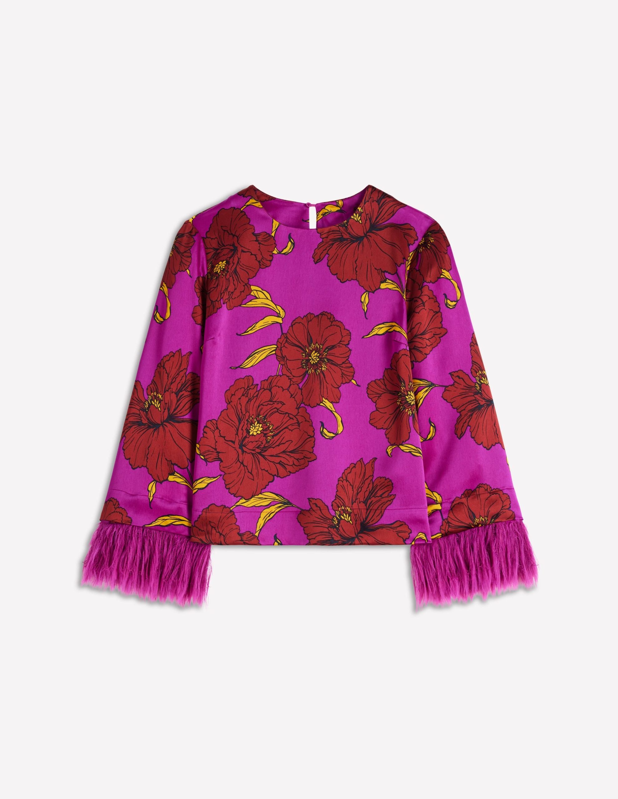 Faux Feather Trim Party Top-Purple Floral - Image 7