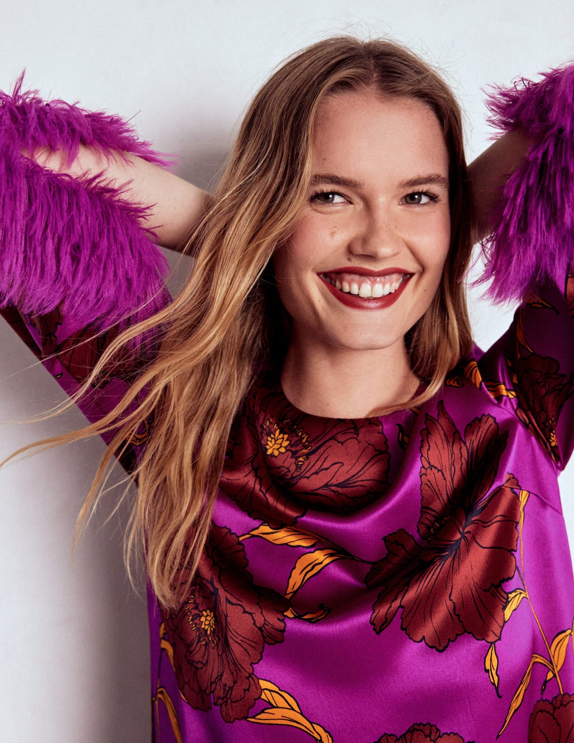 Faux Feather Trim Party Top-Purple Floral - Image 3