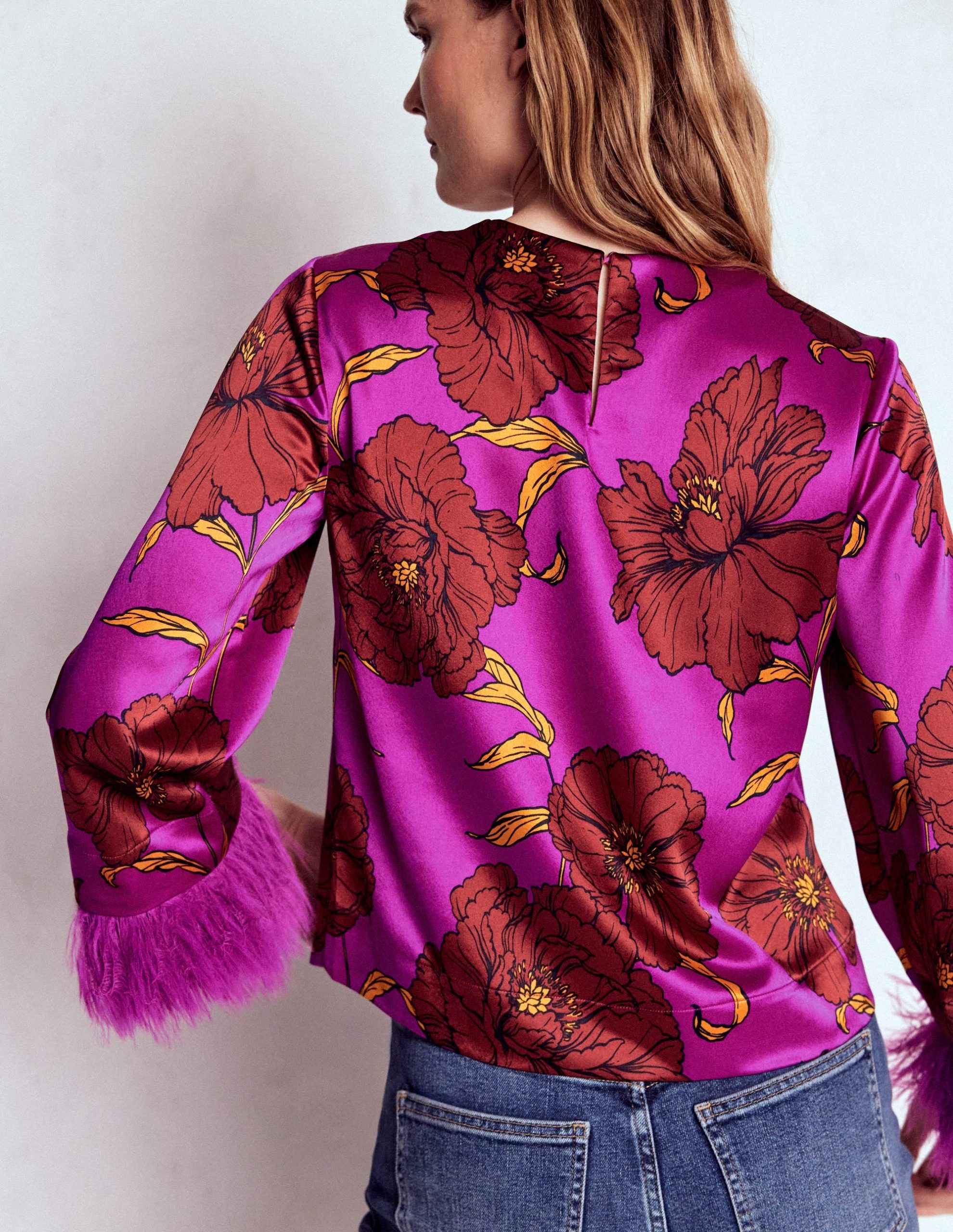 Faux Feather Trim Party Top-Purple Floral - Image 5