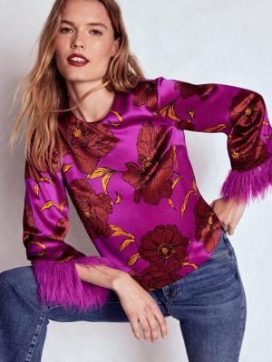 Faux Feather Trim Party Top-Purple Floral
