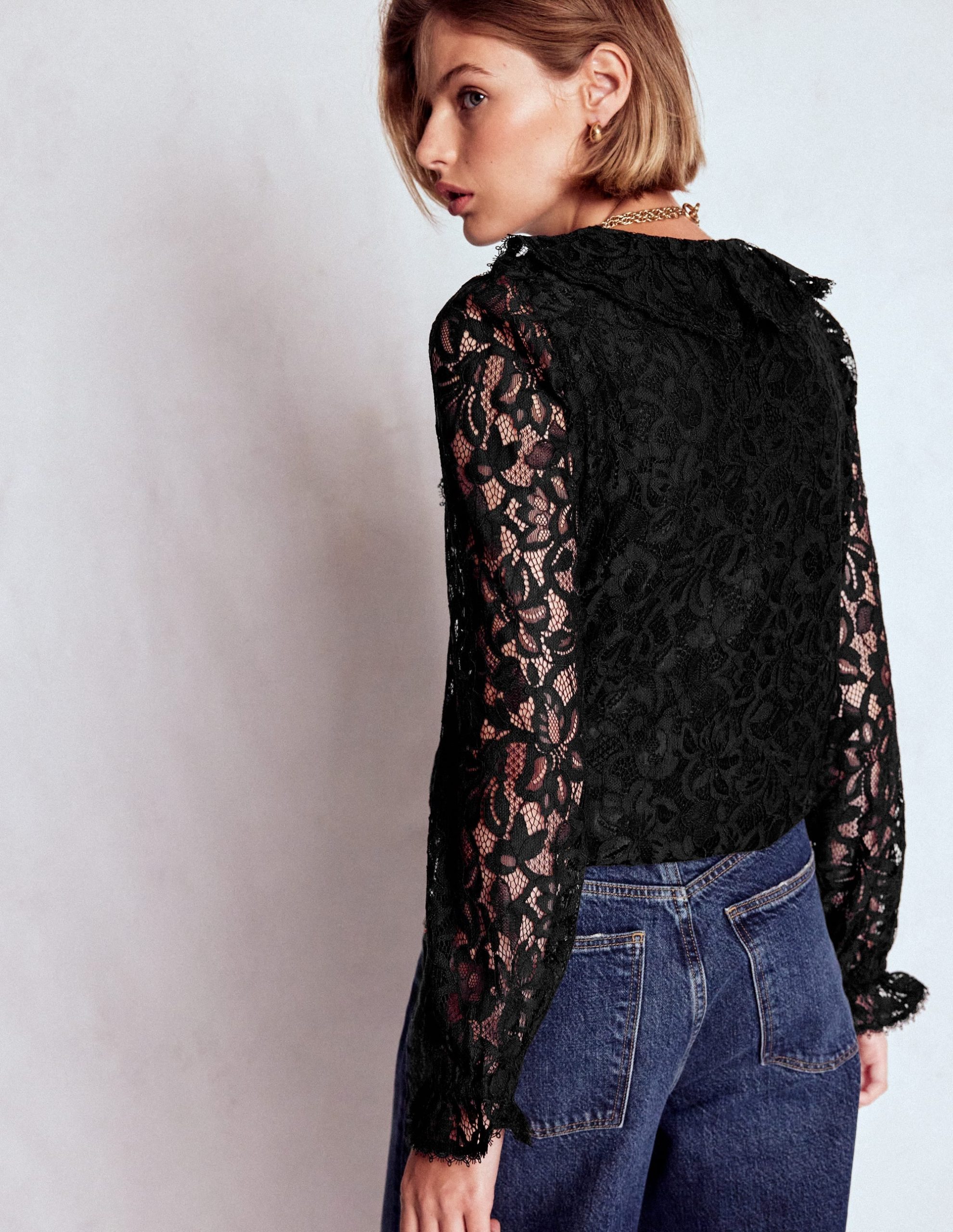 Ruffle Detail Lace Blouse-Black - Image 4