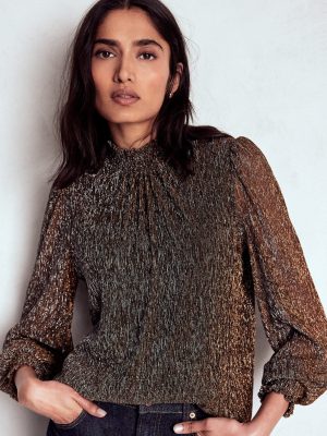 Smocked Neck Metallic Top-Metallic