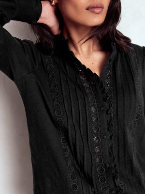 Lace Detail Jersey Shirt-Black