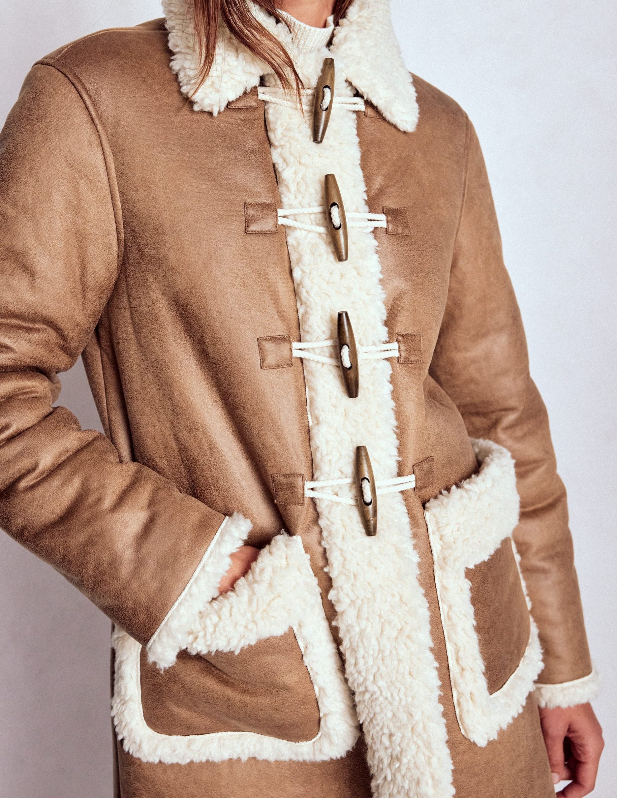 Shearling Duffle Coat-Camel. Natural Borg - Image 3