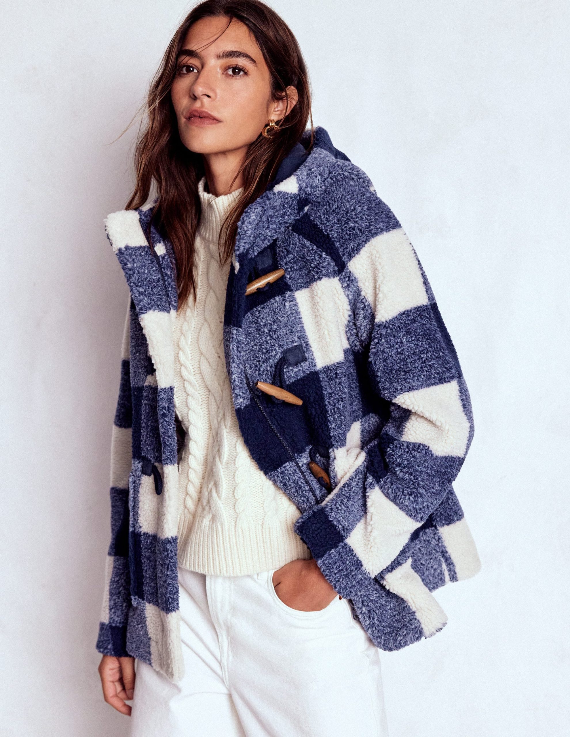 Borg Duffle Coat-College Navy Gingham - Image 7