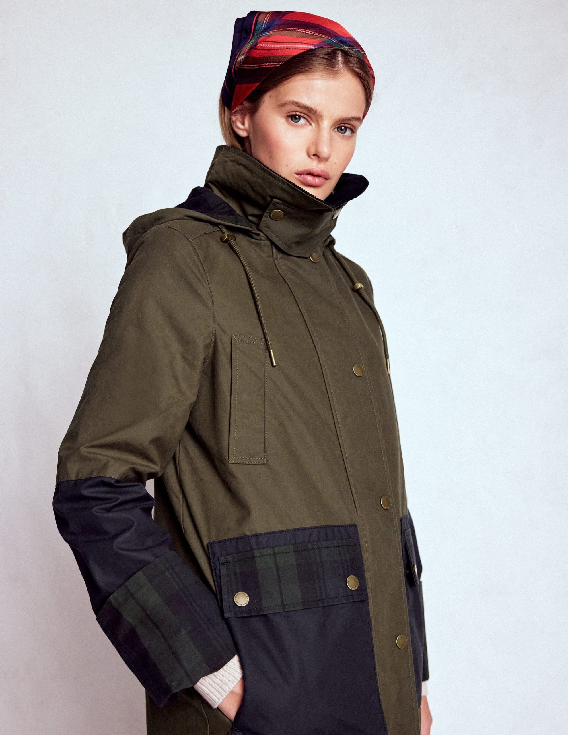 Longline Wax Coat-Navy Khaki Colourblock - Image 2