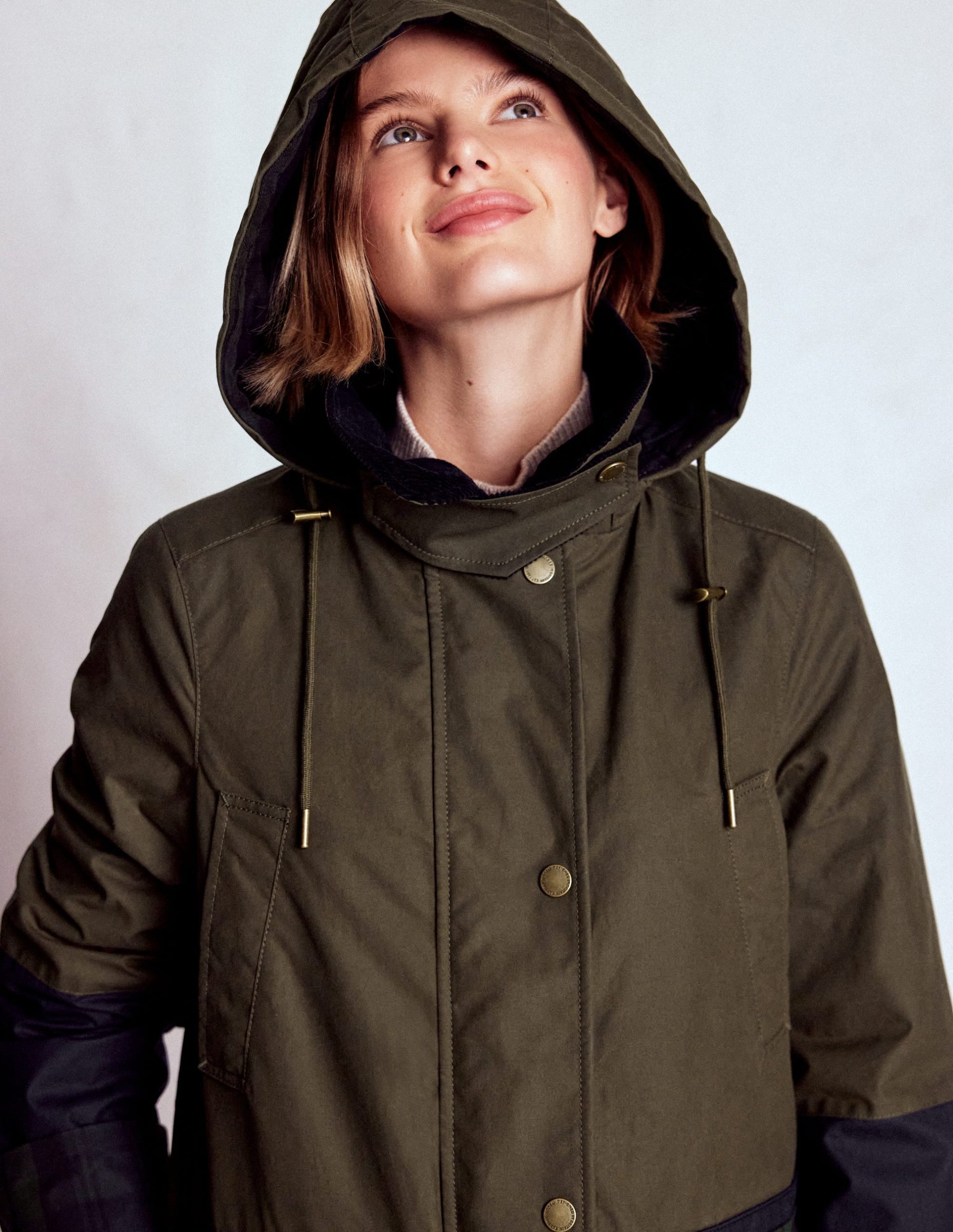 Longline Wax Coat-Navy Khaki Colourblock - Image 3