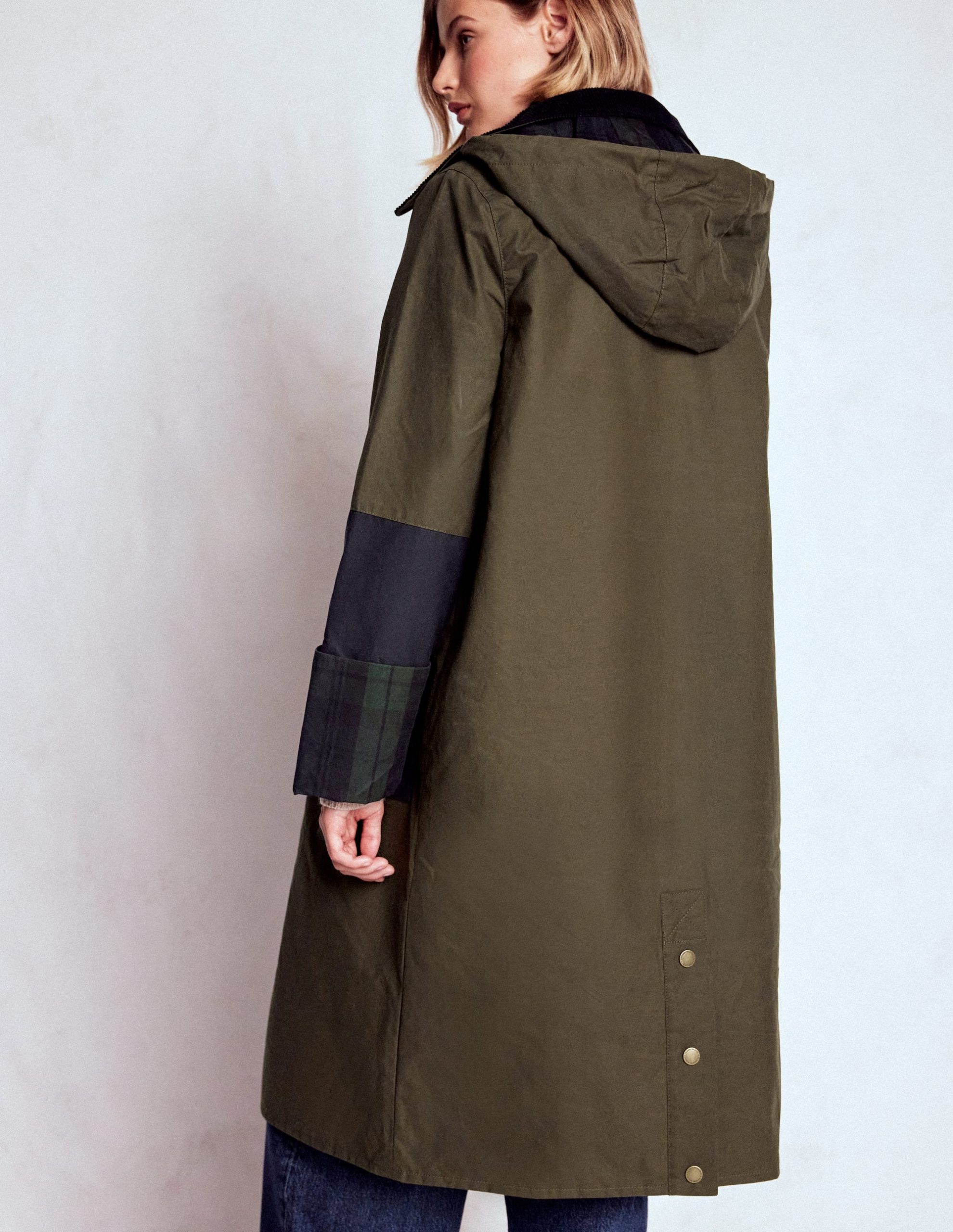 Longline Wax Coat-Navy Khaki Colourblock - Image 4