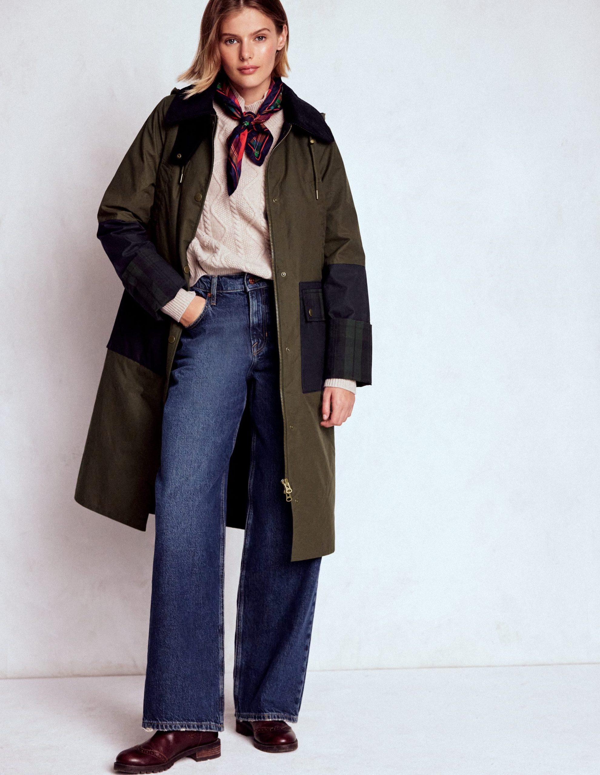 Longline Wax Coat-Navy Khaki Colourblock - Image 5