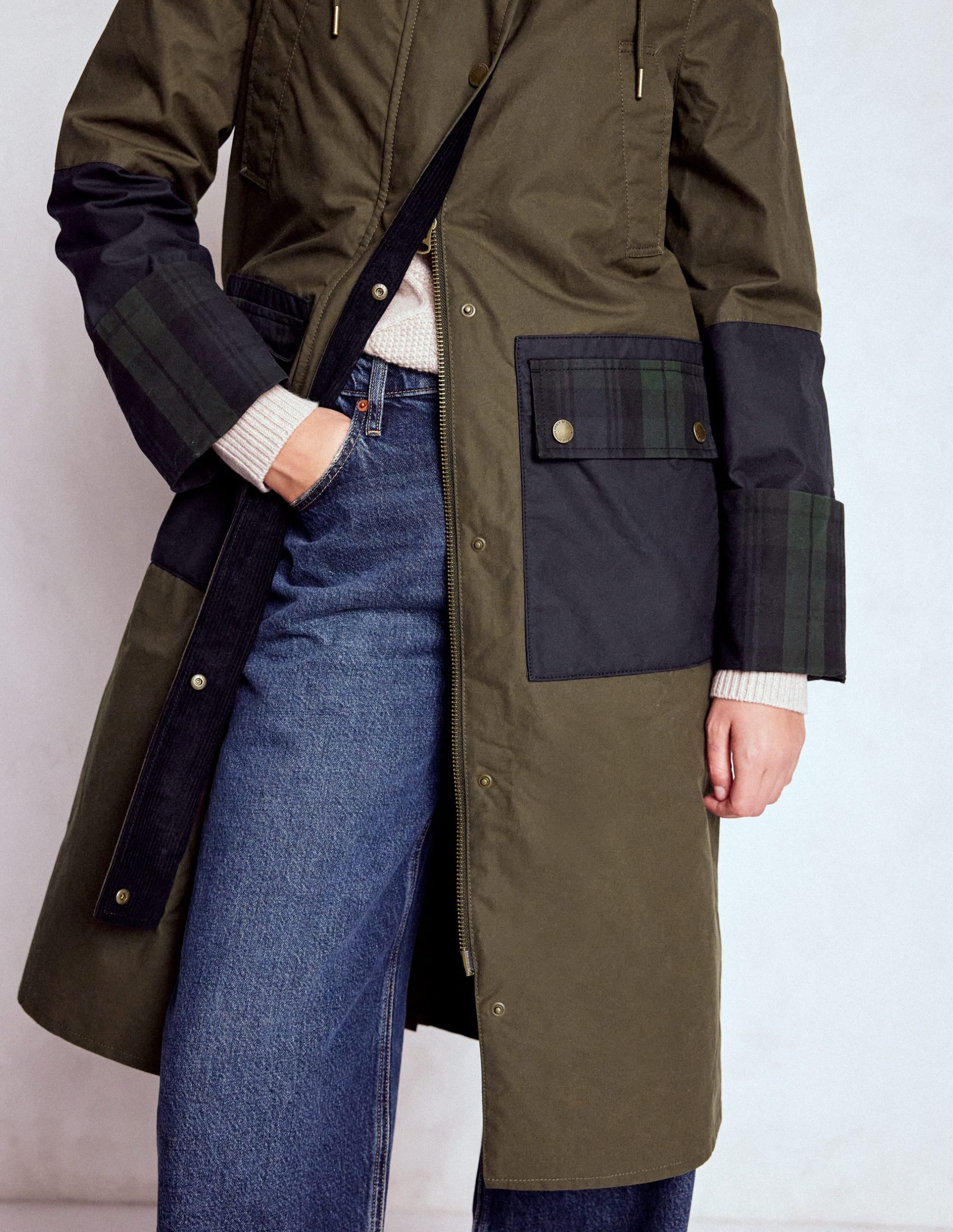 Longline Wax Coat-Navy Khaki Colourblock - Image 6