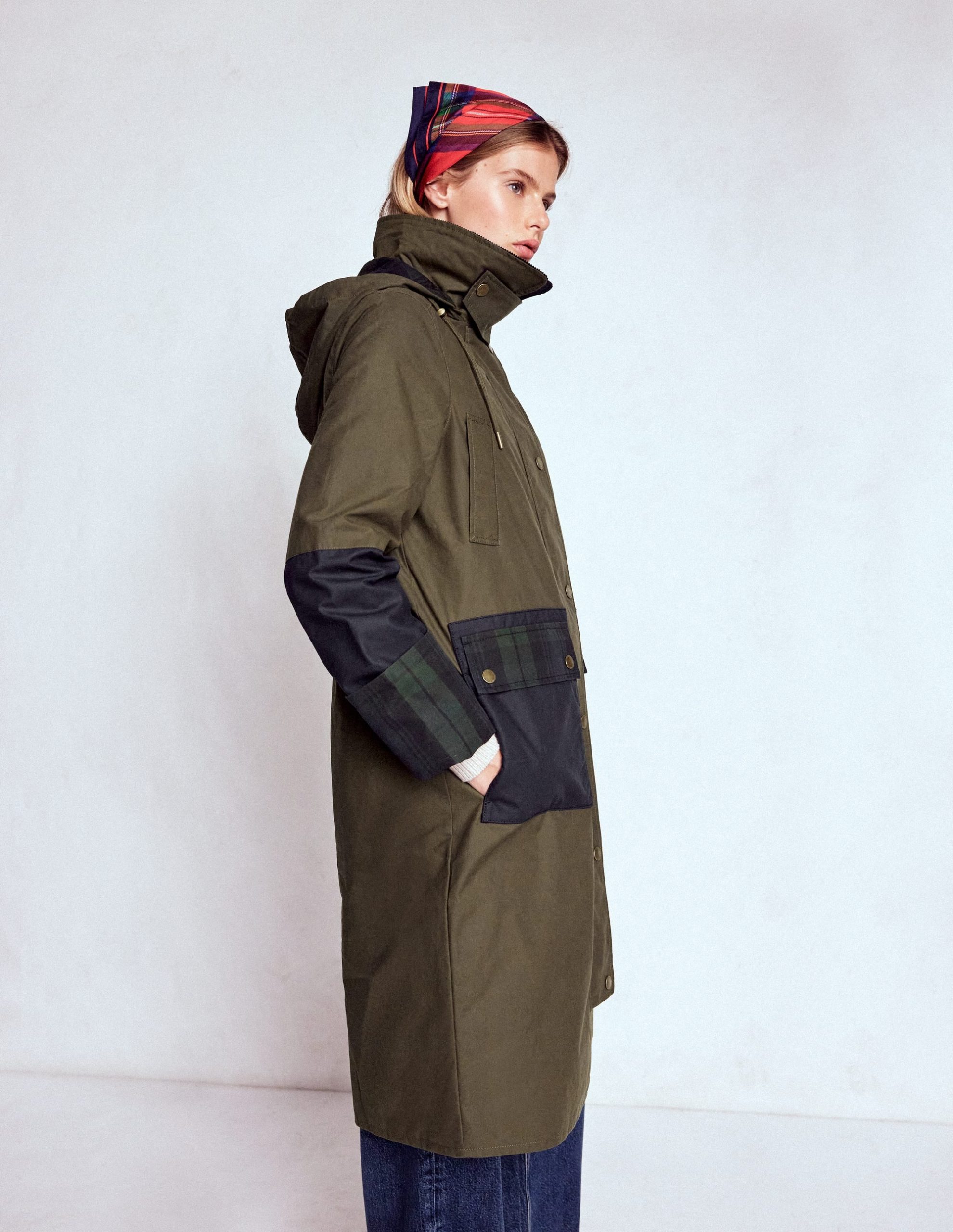 Longline Wax Coat-Navy Khaki Colourblock - Image 9